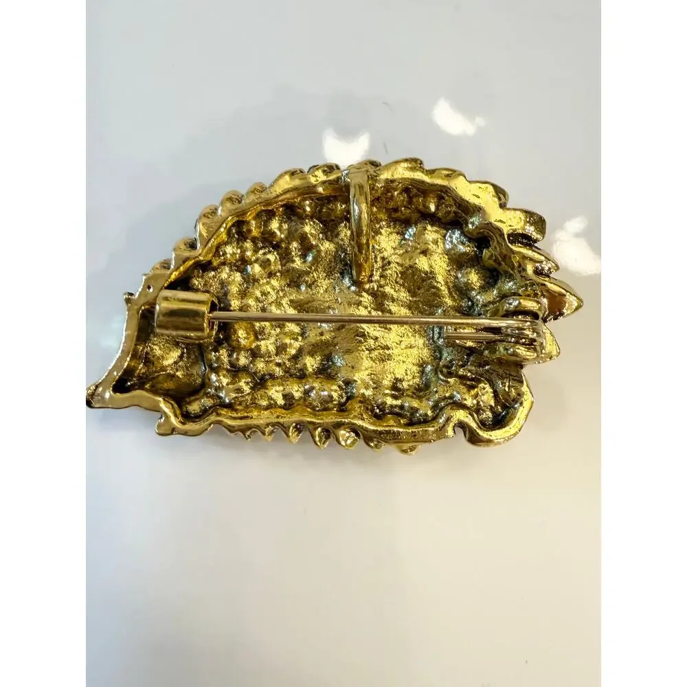 Gold Tone Rhinestone Hedgehog Brooch Brown Crystal Woodland Animal Pin